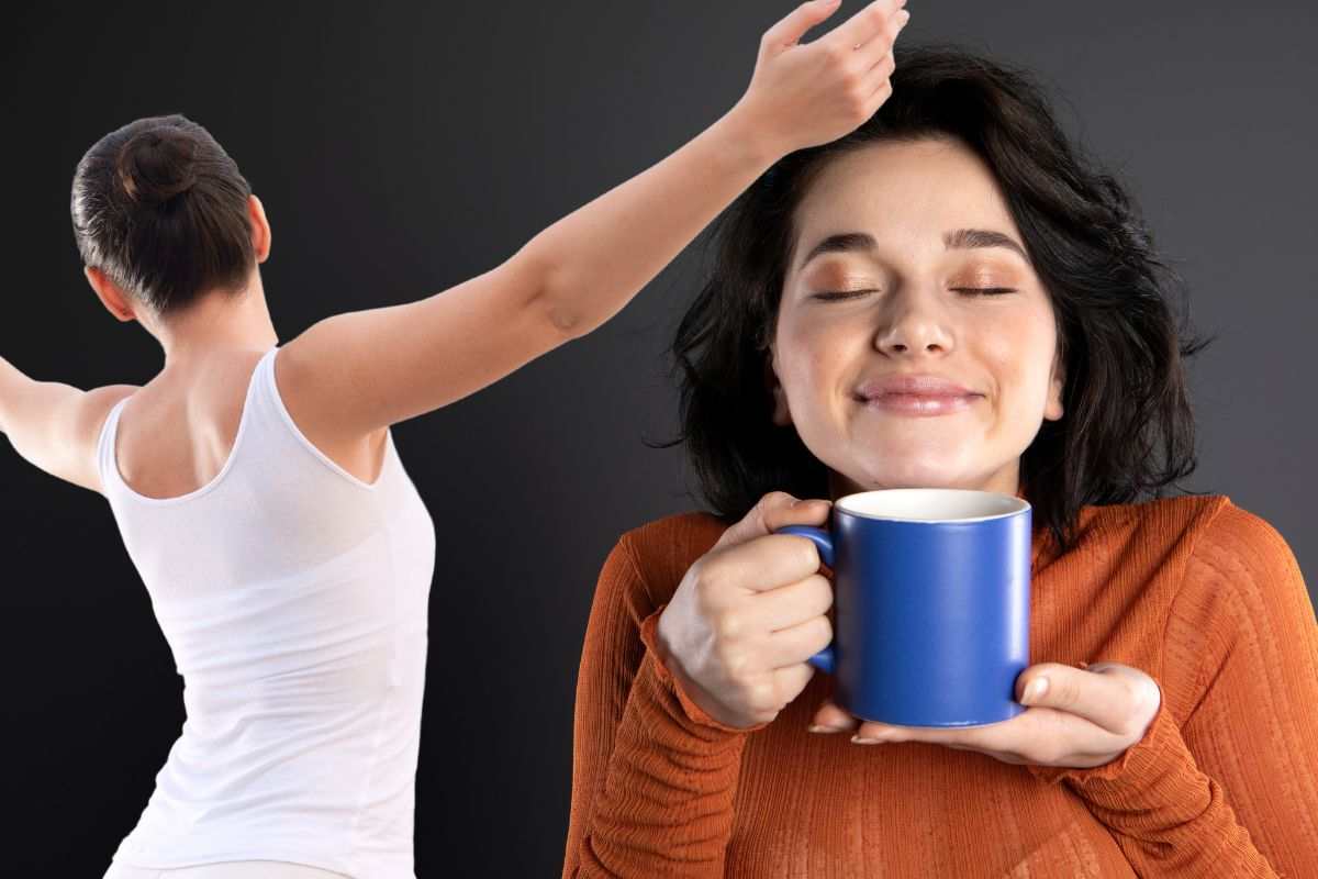 Ragazza gusta caffè con aria soddisfatta